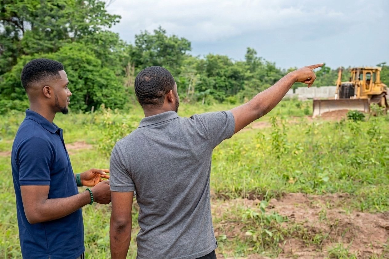 A staff showing a client a land for acquisition